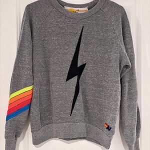 Aviator Nation Bolt Crewneck XS Gray Rainbow Stripe Sleeve Lightning Sweatshirt